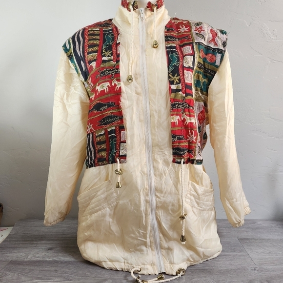 BRAEFAIR Cream Jacket Vintage XS Silk Aztec Design Soft Lightweight Artsy Animal - Picture 7 of 15